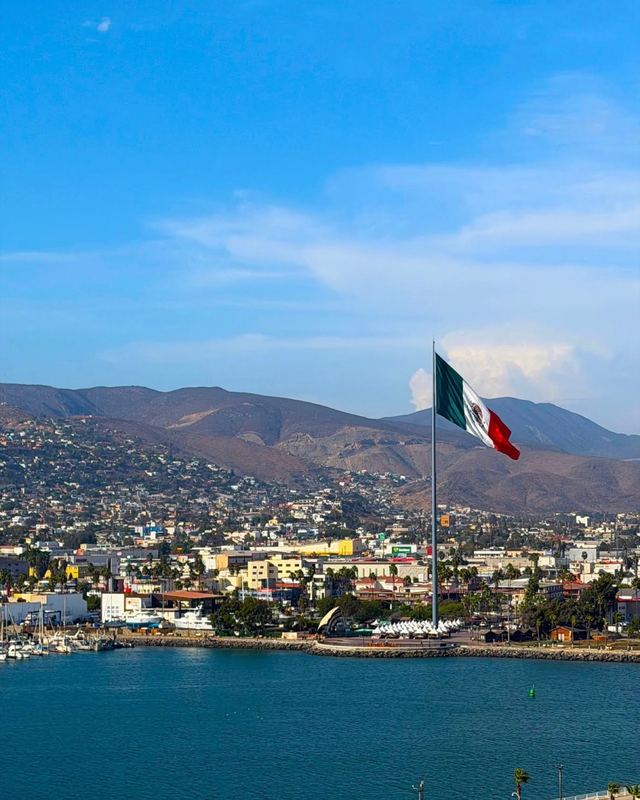 The harbor in Ensenada, Mexico, with a giant Mexican flag